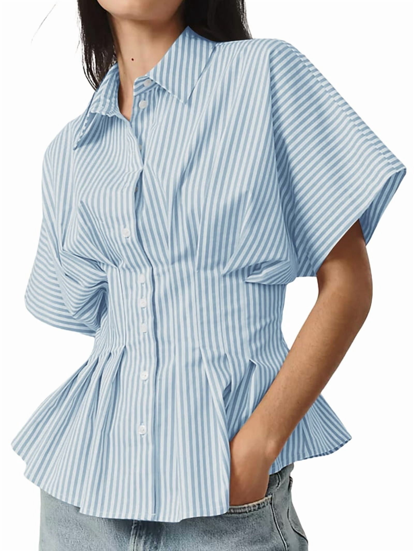 Striped Button Down Shirts for Women Short Sleeve Pleated Corset Blouse ...