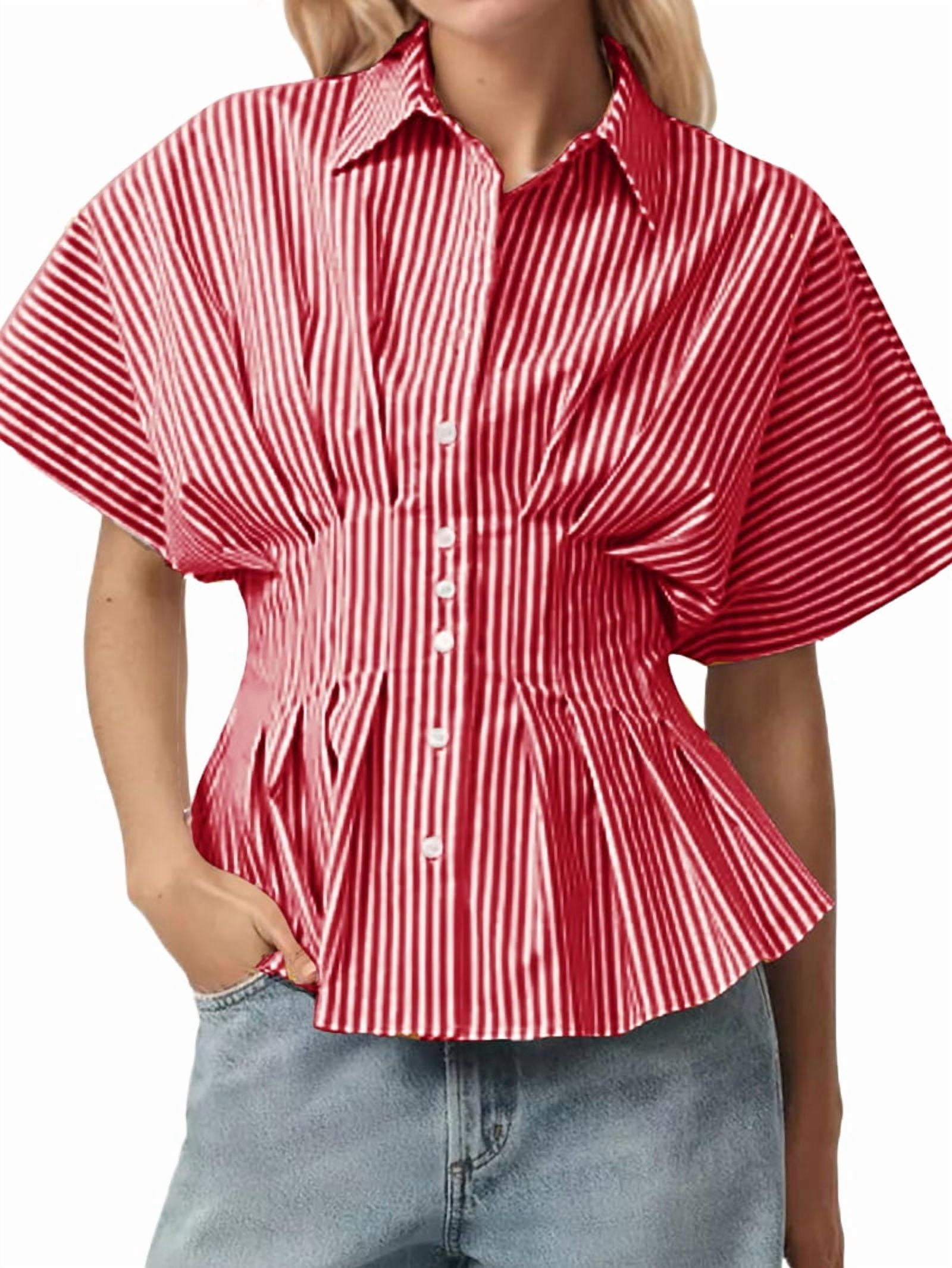 Striped Button Down Shirts for Women Short Sleeve Pleated Corset Blouse ...