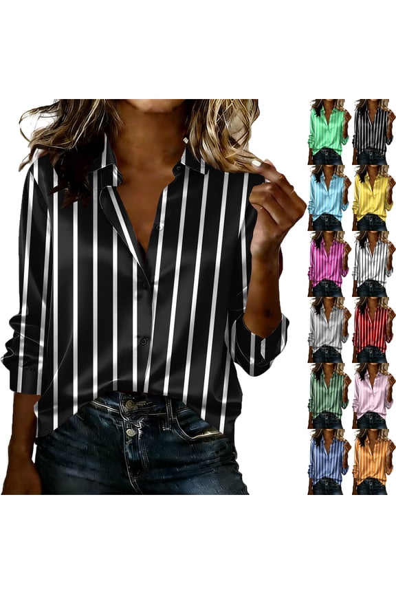Striped Button Down Shirts for Women Striped Long Sleeve Collared Blouse Tops Business Office Oversized Boyfriend Blouses Collared Work Tops Shirt