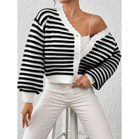 Striped Button-Front Cardigan Jacket (M, Black)