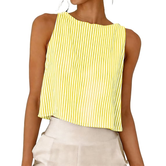 Striped Button Front Cotton Linen Reversible Crop Top for Women Sleeveless Round Neck Striped Button Front Tank Top Ideal for Office and Outing Wear