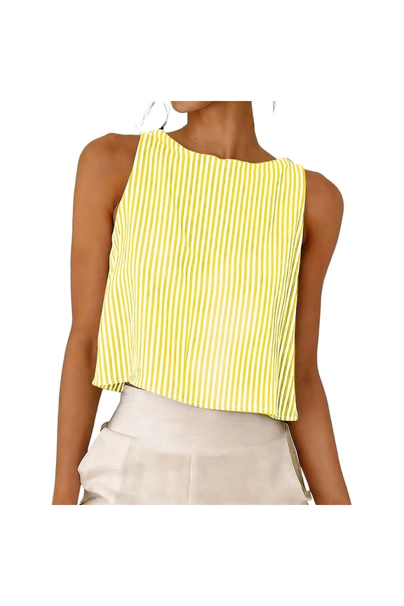 Striped Button Front Cotton Linen Reversible Crop Top for Women Sleeveless Round Neck Striped Button Front Tank Top Ideal for Office and Outing Wear