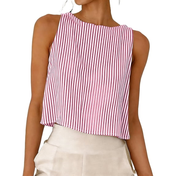 Striped Button Front Cotton Linen Reversible Crop Top for Women Sleeveless Round Neck Striped Button Front Tank Top Ideal for Office and Outing Wear