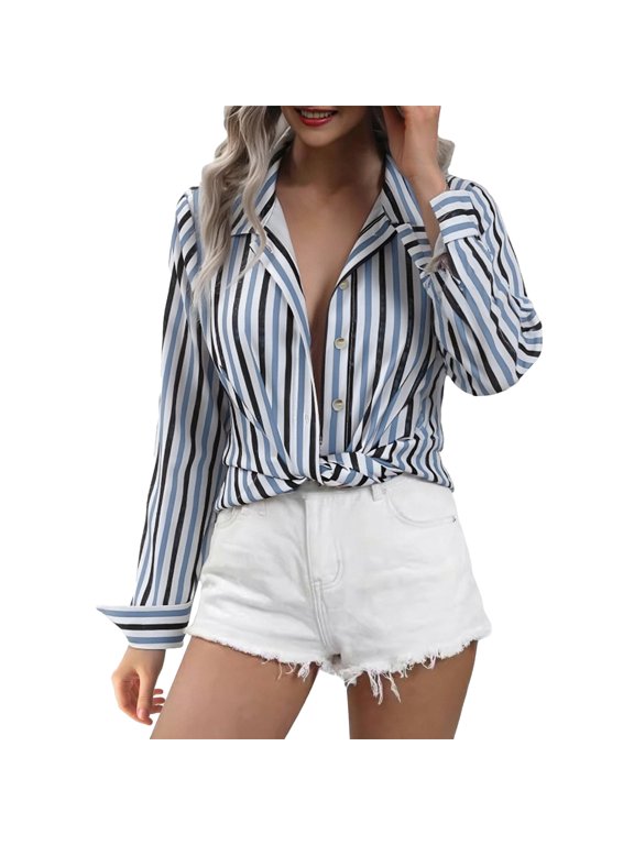 Striped Button Down Shirt Women Pinstripe Shirt Women Cotton Blouses for Women Striped Blouses for Women Gauze Shirts for Women Business Work Tops Light Weight Shirts Blue S
