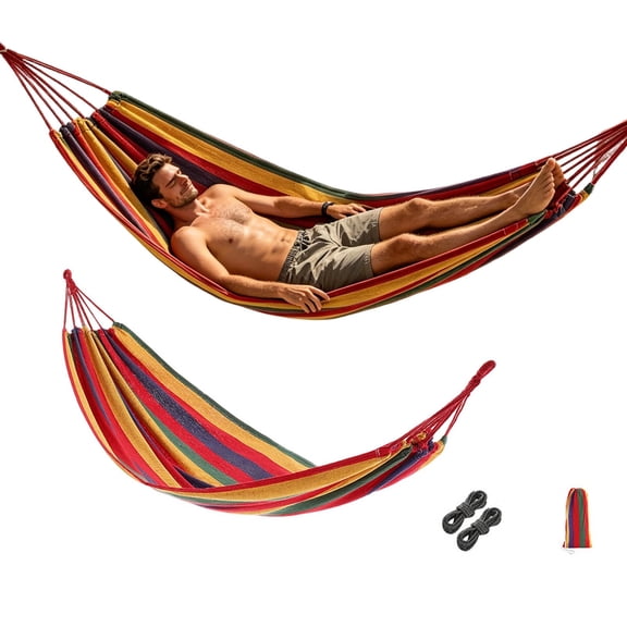 Striped Camping Hammock & Anti-Tip Outdoor Hammock, Reinforced Strap Weatherproof Foldable Portable Lounger, for Backyard Beach Hiking Travel Garden Camping Relaxation(Red)