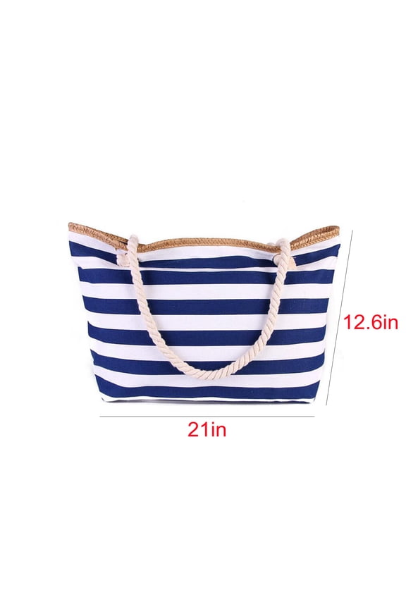 Striped Canvas Beach Tote Bag with Cotton Rope Handles, Reusable Shoulder Bag with Zipper Pocket for Summer, Grocery & Travel