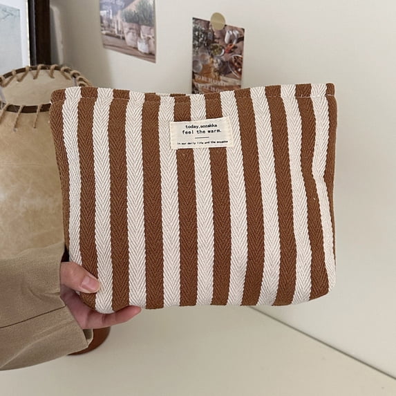 Striped Canvas Makeup Storage Bag – Portable Travel Cosmetic Pouch with Zipper,Multi-Functional Toiletry Organizer for Beauty Tools & Accessories