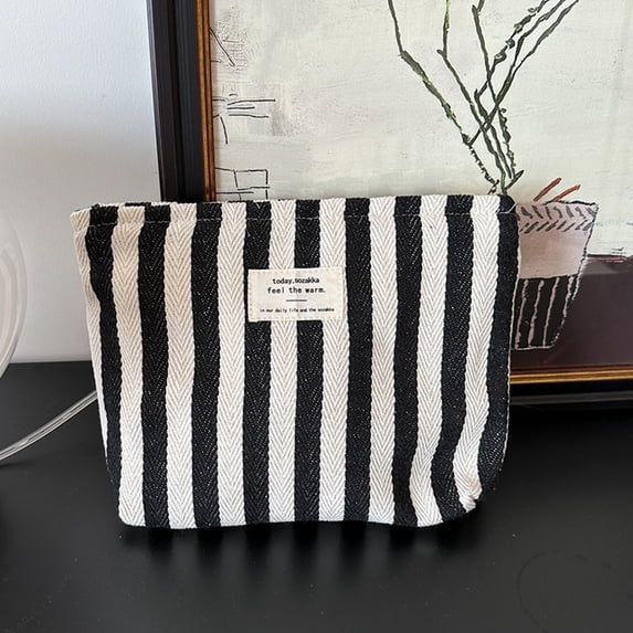 Striped Canvas Makeup Storage Bag – Portable Travel Cosmetic Pouch with Zipper,Multi-Functional Toiletry Organizer for Beauty Tools & Accessories
