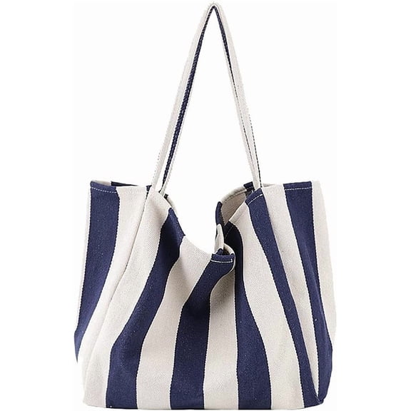 Striped Canvas Tote Handbag for Women Vertical Stripe Large Capacity Shoulder Bag for Shopping Travel