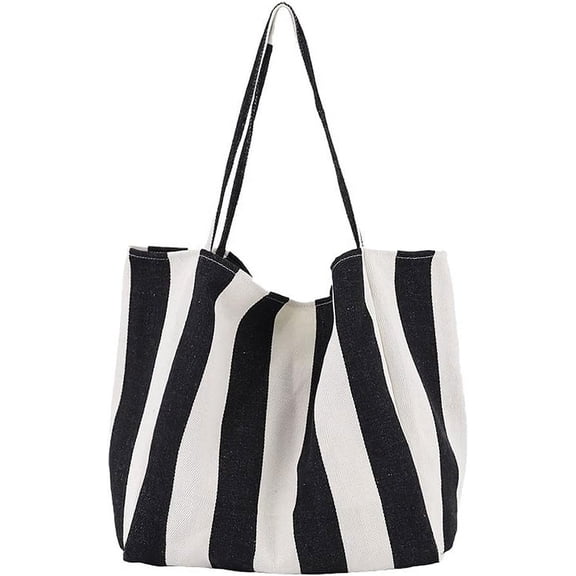 Striped Canvas Tote Handbag for Women Vertical Stripe Large Capacity Shoulder Bag for Shopping Travel