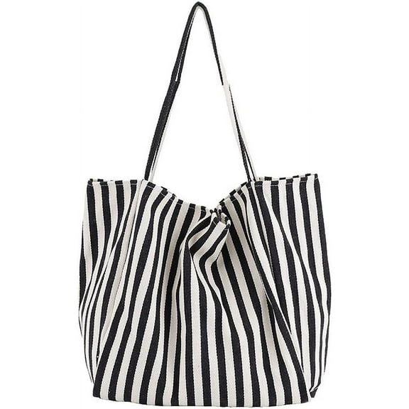Striped Canvas Tote Handbag for Women Vertical Stripe Large Capacity Shoulder Bag for Shopping Travel
