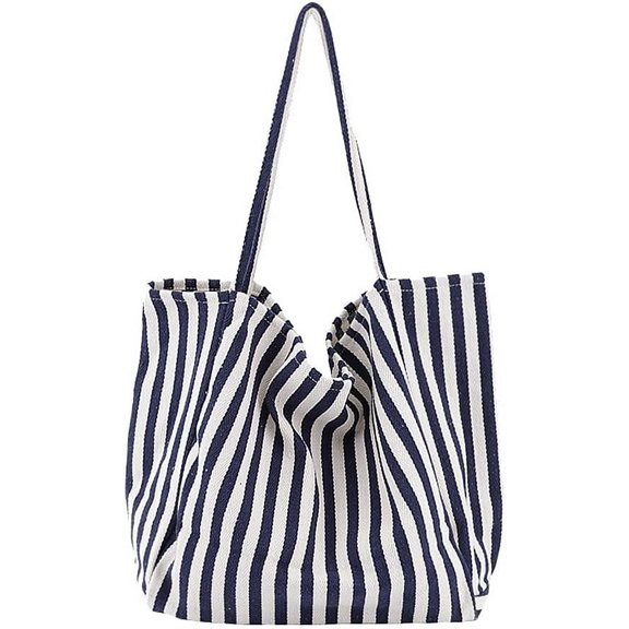 Striped Canvas Tote Handbag for Women Vertical Stripe Large Capacity Shoulder Bag for Shopping Travel