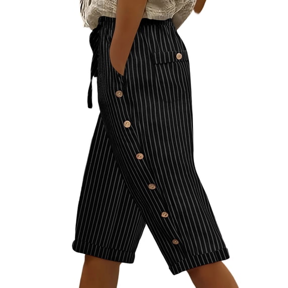 Striped Capri Pants for Women Elastic Waist Straight Wide Leg Cropped Pant Summer Casual Drawstring Side Button Capri Trouser with Pockets
