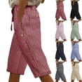 thumbnail image 1 of Striped Capri Pants for Women Elastic Waist Straight Wide Leg Cropped Pant Summer Casual Drawstring Side Button Capri Trouser with Pockets, 1 of 8