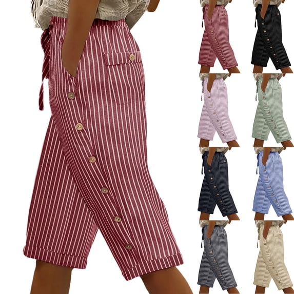 Striped Capri Pants for Women Elastic Waist Straight Wide Leg Cropped Pant Summer Casual Drawstring Side Button Capri Trouser with Pockets