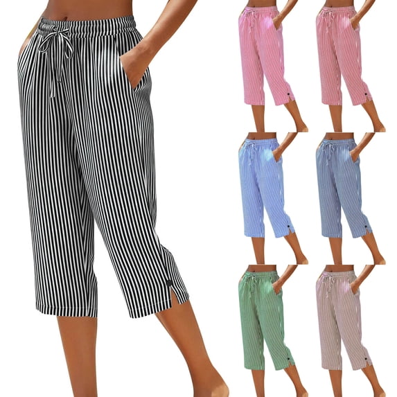 Striped Capri Pants for Women Loose Fit Straight Leg Cropped Pant Casual Summer Drawstring Elastic Waist Trousers Red L