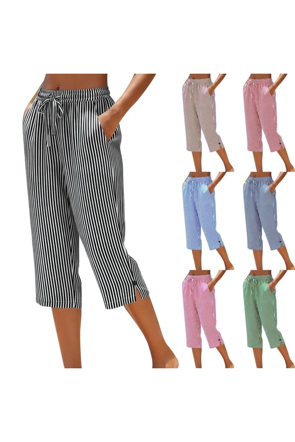 Striped Capris for Women Drawstring Waist High Waisted Crop Pants Side Split Button Straight Leg Cropped Trousers with Pockets, Black, XL