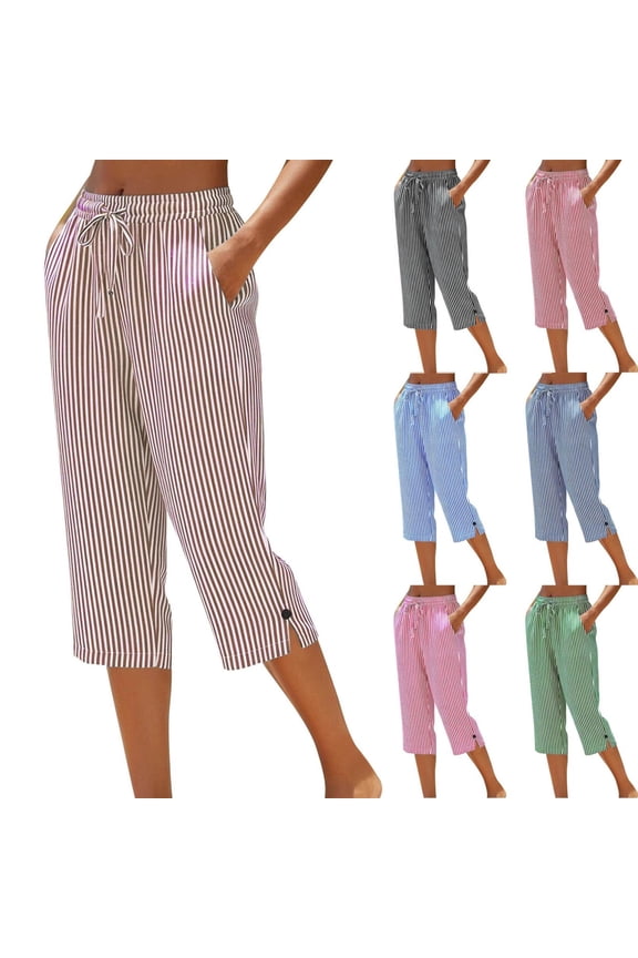 Striped Capris for Women Drawstring Waist High Waisted Crop Pants Side Split Button Straight Leg Cropped Trousers with Pockets, Khaki, XL