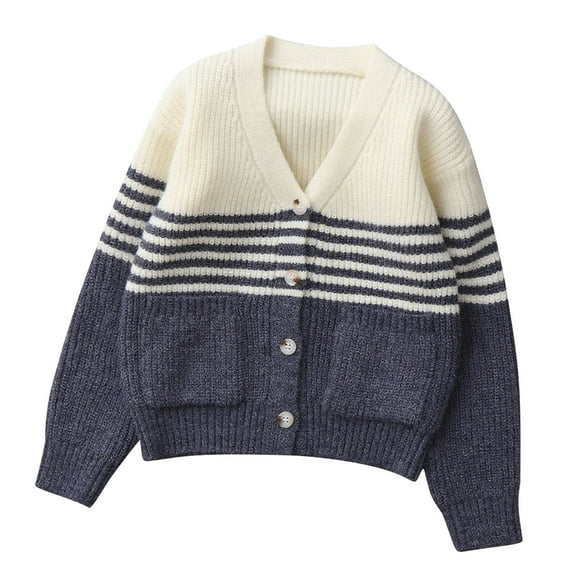 Striped Cardigan Sweater Kids Girls Casual Button Down Cardigans with Pockets Boys Fall V Neck Knit Sweaters Blue, 7 Y