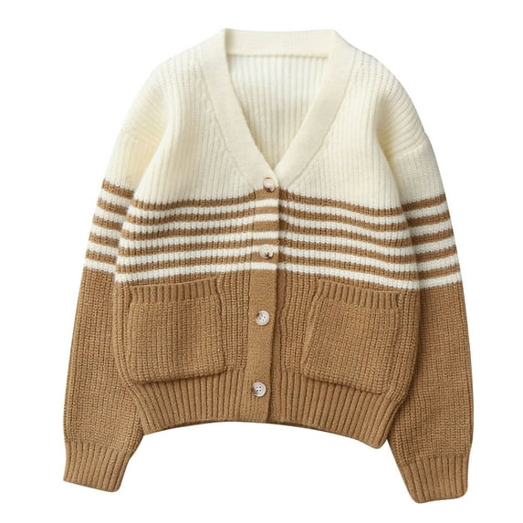 Striped Cardigan Sweater Kids Girls Casual Button Down Cardigans with Pockets Boys Fall V Neck Knit Sweaters Coffee, 11 Y