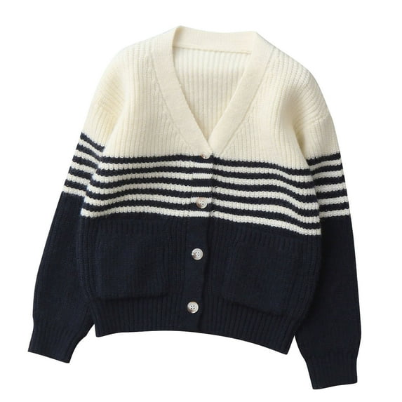 Striped Cardigan Sweater Kids Girls Casual Button Down Cardigans with Pockets Boys Fall V Neck Knit Sweaters Dark Blue, 9 Y