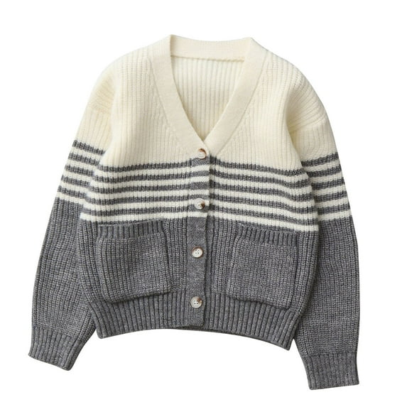 Striped Cardigan Sweater Kids Girls Casual Button Down Cardigans with Pockets Boys Fall V Neck Knit Sweaters Gray, 9 Y