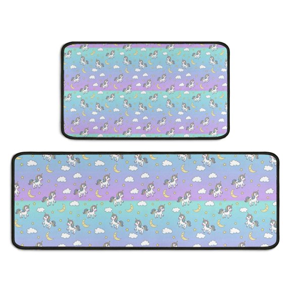 Striped Cartoon Unicorn Moon Star Cloud Pattern Kitchen Rugs Sets Of 2,Anti Fatigue Kitchen Mat Rugs Non Slip Washable,Decorative Kitchen Floor Mats for Kitchen,Sink,Laundry,17"X30"+17"X47"