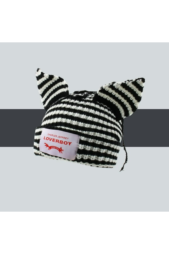 Striped Cat Ears Beanie LOVERBOY Styl Hat - Soft Unisex Winter Knit Hat for Men & Women | Cute Cat Ear Design | Warm Fleece Lined for Fall & Winter