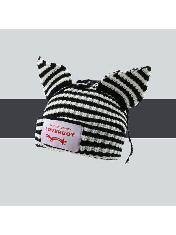 Striped Cat Ears Beanie LOVERBOY Styl Hat - Soft Unisex Winter Knit Hat for Men & Women | Cute Cat Ear Design | Warm Fleece Lined for Fall & Winter