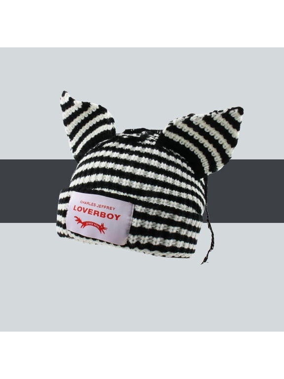 Striped Cat Ears Beanie LOVERBOY Styl Hat - Soft Unisex Winter Knit Hat for Men & Women | Cute Cat Ear Design | Warm Fleece Lined for Fall & Winter