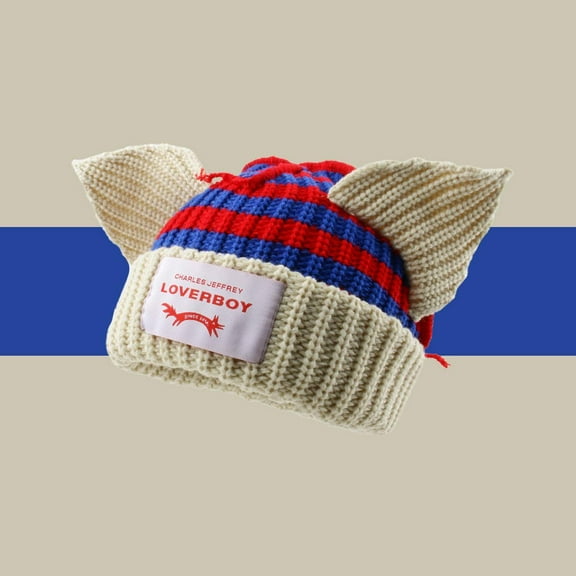 Striped Cat Ears Beanie LOVERBOY Styl Hat - Soft Unisex Winter Knit Hat for Men & Women | Cute Cat Ear Design | Warm Fleece Lined for Fall & Winter