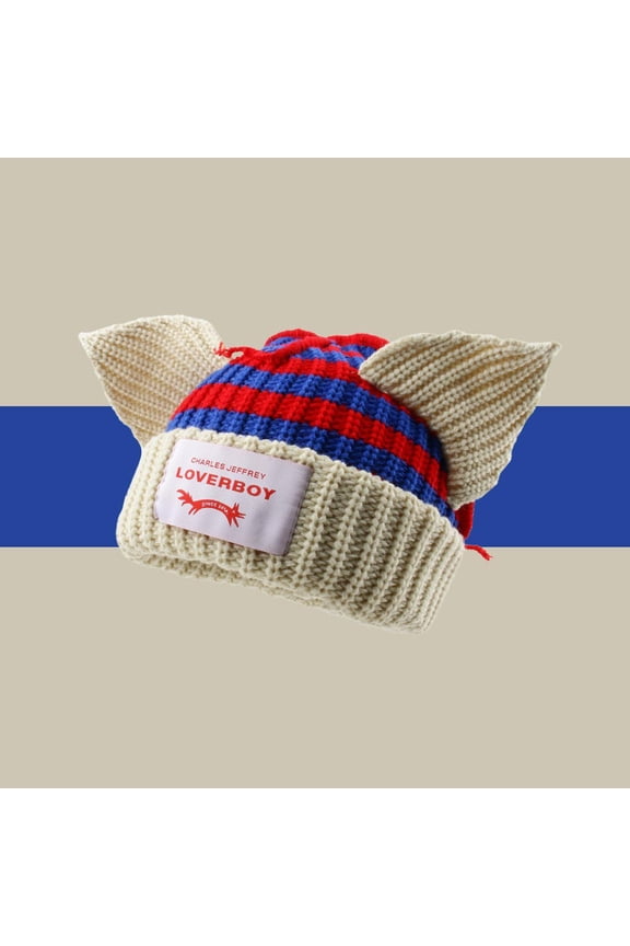 Striped Cat Ears Beanie LOVERBOY Styl Hat - Soft Unisex Winter Knit Hat for Men & Women | Cute Cat Ear Design | Warm Fleece Lined for Fall & Winter