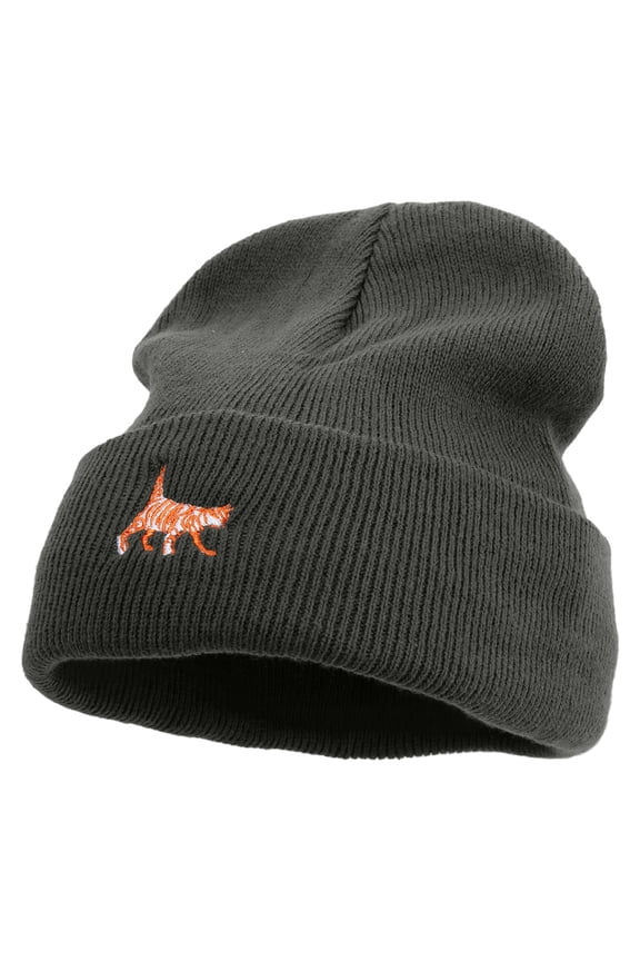 Striped Cat Icon Embroidered Fleece Lined Cuff Beanie - Charcoal OSFM
