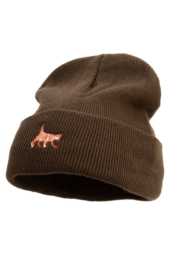 Striped Cat Icon Embroidered Fleece Lined Cuff Beanie - Olive OSFM