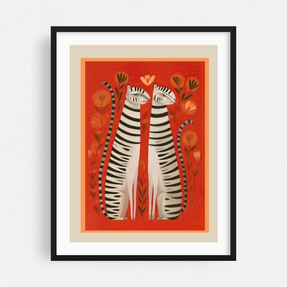 Striped Cat Pair - Digital Art Tiger Floral Illustration Whimsical Modern Art Animal Botanical Black Framed Wall Art Print 5 x 7 inches