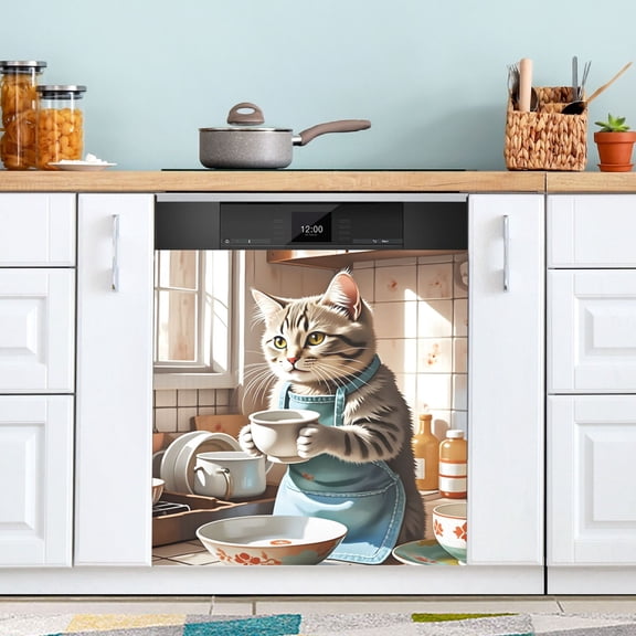 Striped Cat Washing Dishes Dishwasher Magnet Cover Reuseable Refrigerator Magnet Cover Decal Kitchen Fridge Microwave Stickers Hoilday Party Decor 23 x 26 inch