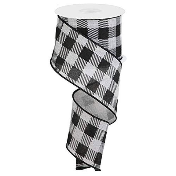 Striped Check Royal Canvas Wired Ribbon, Light Grey Black - 10 Yards x 2.5 Inches