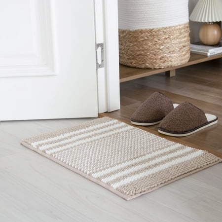 Striped Chenille Bathroom Rug, Extra Soft Absorbent Bath Mat, Anti-Slip Indoor Mat Machine Washable, Khaki, 16"x24"