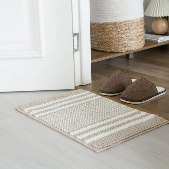 Striped Chenille Bathroom Rug, Extra Soft Absorbent Bath Mat, Anti-Slip Indoor Mat Machine Washable, Khaki, 16"x24"