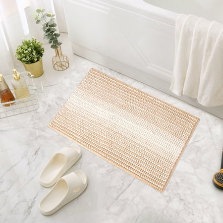 Striped Chenille Bathroom Rug, Extra Soft Absorbent Bath Mat, Anti-Slip Indoor Mat Machine Washable, Khaki, 16"x24"