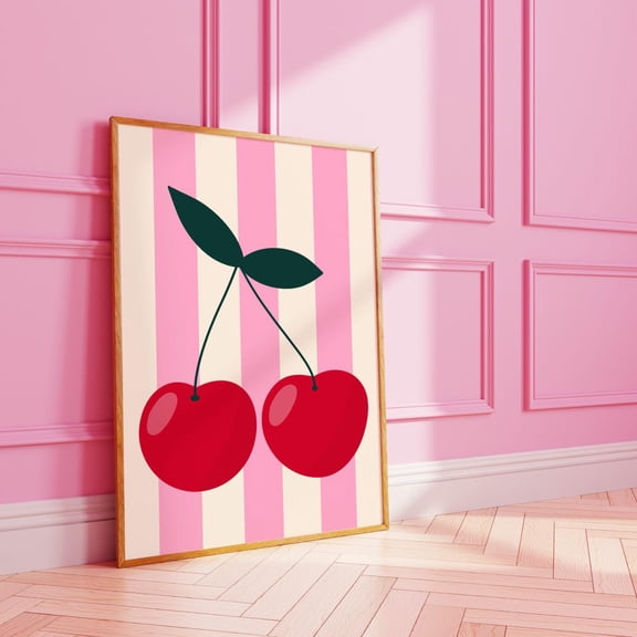 Striped Cherry Dopamine Wall Art Print, Unframed Paper Poster 8x10in