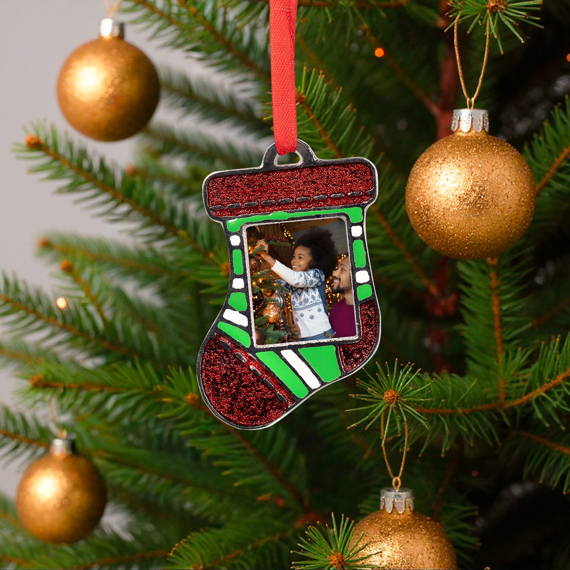 Striped Christmas Stocking Photo Frame Ornament - 3.25"