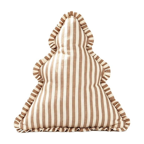 Striped Christmas Tree Throw Pillow 14.6 In Ruffled Shaped Cushion Khaki