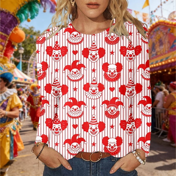 Striped Clown Print Casual Long Sleeve Crewneck T Shirt Soft Blended Top For Everyday Wear