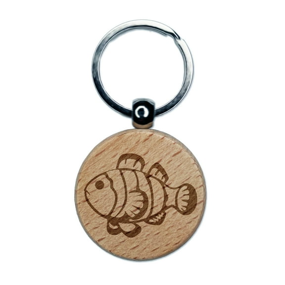 Striped Clownfish Round Keychain Charm Tag - Engraved Wood
