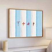Striped Coastal Surfer Wall Art Poster, Retro Blue White Stripe Beach Surfer Figures Canvas Print, Summer Ocean Chic Living Room Bedroom Beach House Home Wall Decor