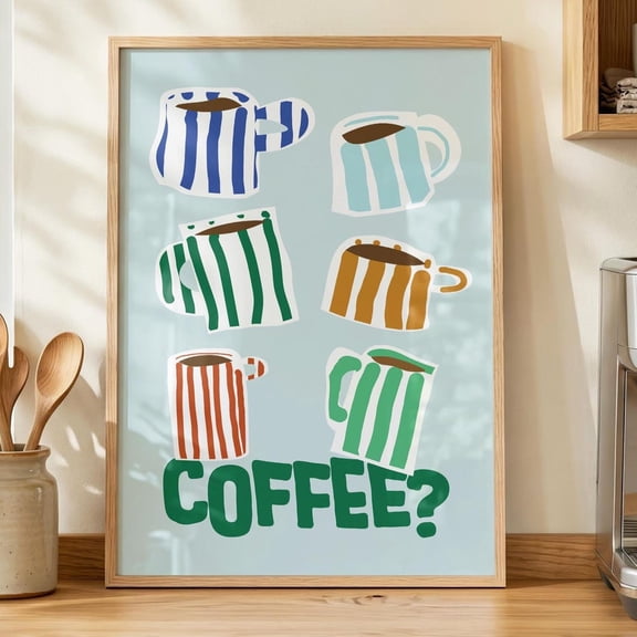 Striped Coffee Mugs Poster Colorful Retro Kitchen Wall Art Espresso Cup Print