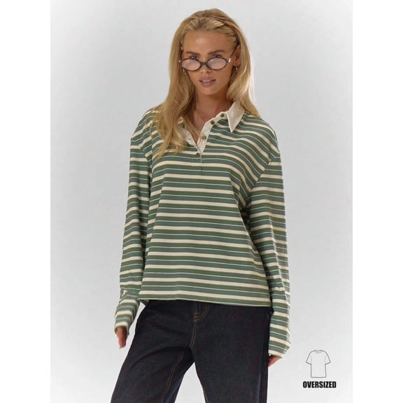 Striped Collared Polo Top with Button Front and Oversized Fit