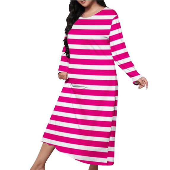 Striped Color Block Spa Robe for Womens Relaxed Fit Pajamas Plush Soft Long Sleeve Long Bathrobe Comfort Casual Pullover Sweater Blouses Nightdress Loungewear