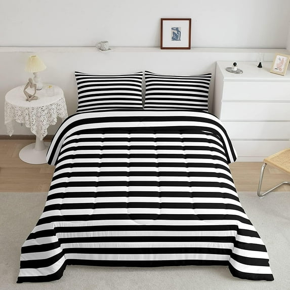 Striped Comforter Set Black and White Stripe Bedding Set Queen Women Men Farmhouse Ticking Stripes Duvet Set Modern Geometric Lines Adults Abstract Gothic Home Decor Soft Reversible